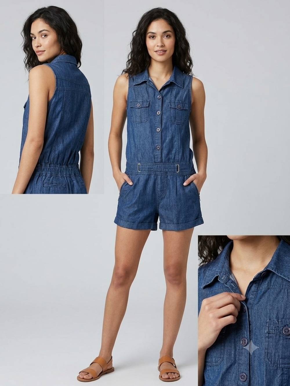 Sleeveless Denim Romper - Blue